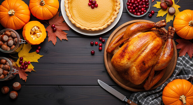 Golden roasted turkey with pumpkin pie ready for a delicious Thanksgiving feast