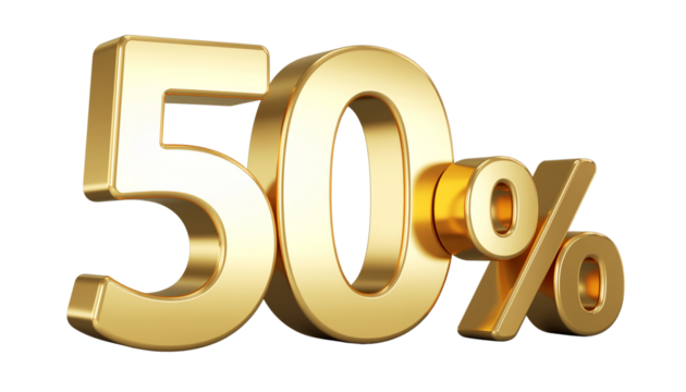 50 percentage gold 3D symbol on transparent background PNG
