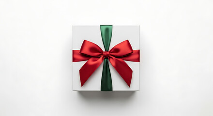 Elegantly wrapped white gift box adorned with a vibrant red bow and green ribbon, presented from an overhead perspective, symbolizing joy and festive celebrations