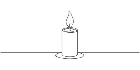 Continuous one line drawing of a Christmas candle and leaves, representing soothing natural light, line art style vector illustration. Continuous one line drawing of a candle with flame blending into