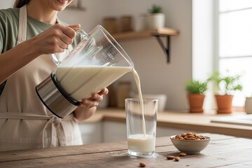 Woman pouring fresh almond milk from a blender into a glass, with a bowl of almonds on a wooden countertop in a bright kitchen, showcasing healthy lifestyle choices and culinary skills