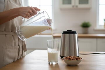 Woman in beige apron pouring fresh almond milk from a glass pitcher into a tall glass, with a blender and bowl of almonds on a wooden kitchen countertop