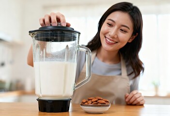 Asian woman in an apron is preparing a smoothie in a kitchen, smiling while placing ingredients into a blender, showcasing healthy lifestyle and culinary skills