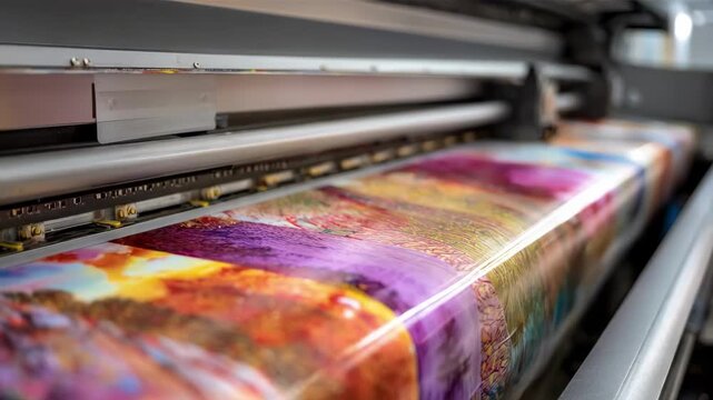 Midshot of sublimation printing on polyester fabric showing vibrant colors emerging from the digital printer onto textile sheets.