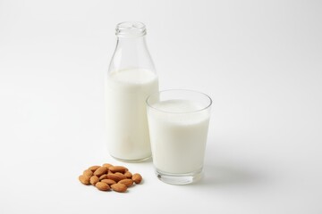 Almond milk in a clear glass next to a bottle, with scattered almonds on a clean white background, showcasing a healthy dairy alternative and minimalist lifestyle
