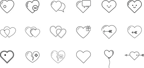 Diverse Line Art Heart Icons Collection for Love and Emotion