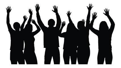 Group of people silhouettes with raised hands isolated on white background, Vector