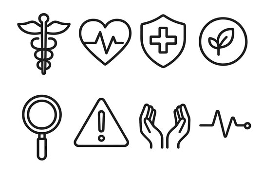 Medical Icon Set. Medical symbols linear icon set: caduceus-free staff shape, heartbeat icon, shield with cross, wellness circle, diagnostic lens, alert triangle, care hands, pulse