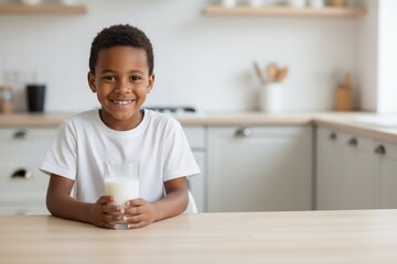 Young African American boy with curly hair is smiling while holding a glass of milk in a bright kitchen, showcasing a joyful moment of childhood and healthy living