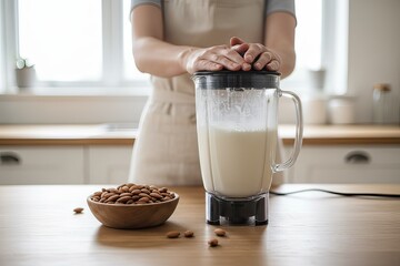 Woman in apron prepares almond milk using a blender, with a bowl of almonds on a wooden kitchen table, showcasing healthy cooking and plant-based lifestyle