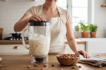Woman preparing almond milk in a modern kitchen, using a blender filled with creamy liquid, surrounded by fresh ingredients and a bowl of almonds, showcasing healthy lifestyle choices