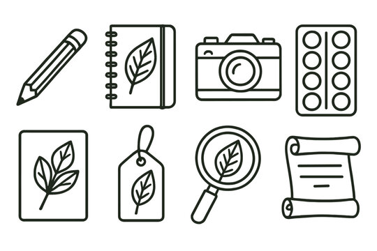 Botanical Storytelling Icons. Botanical storytelling tools linear icon set: sketch pencil, field notebook, camera, nature palette, pressed leaf, plant tag, magnifying glass, story