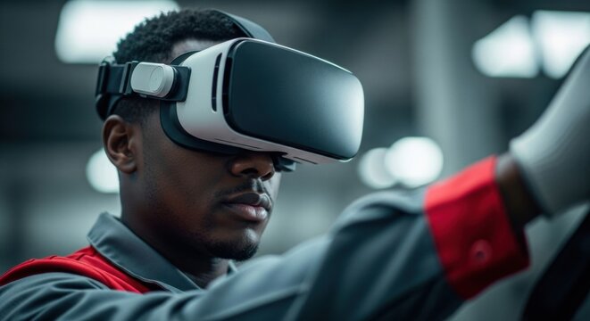 A focused industrial worker wearing a modern virtual reality headset and uniform engages in an immersive simulation for professional training in a high-tech facility