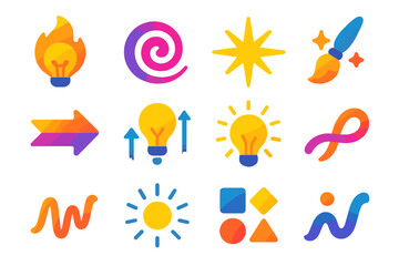 Vibrant Creative Icons. Creative Motivation flat icon set: idea flame, inspiration swirl, breakthrough spark, energized brush, concept arrow, creative lift, imagination glow