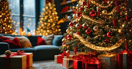 Festive interior scene. Christmas trees, gifts surround cozy sofa. Warm lights create inviting holiday atmosphere.