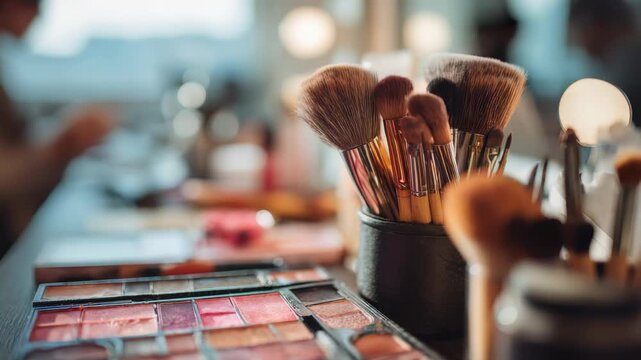 High quality makeup brushes and vibrant eyeshadow palettes are neatly organized on a stylish vanity table, ready for use. The blurred background highlights a modern beauty workspace