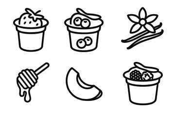 Yogurt Flavor Icons. Yogurt Flavors Set linear icon set: strawberry yogurt, blueberry yogurt, vanilla pod, honey drizzle, peach slice, mixed berry cup