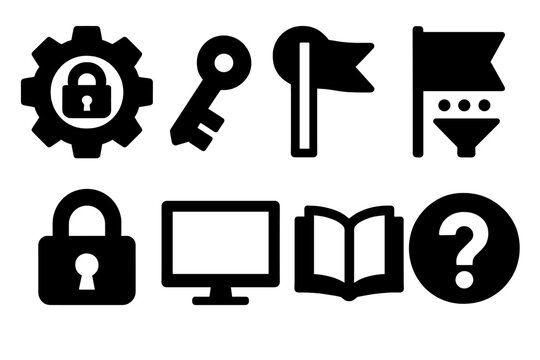 Digital Citizenship Icons. Digital citizenship tools silhouette icon set: privacy settings gear, password key, report flag, content filter, secure lock, device monitor, learning
