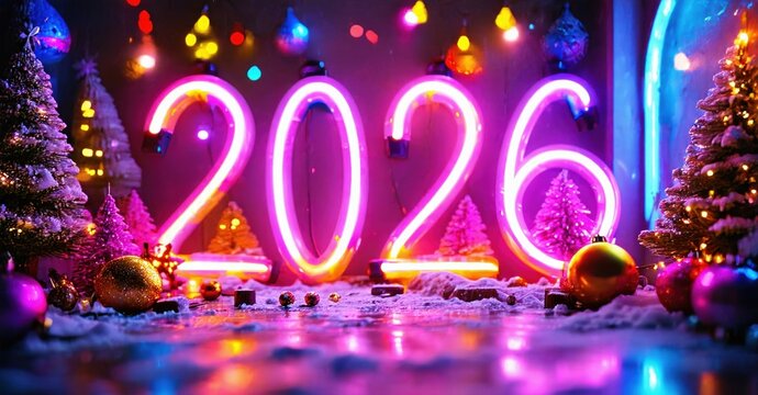 Bright neon numbers 2026 dominate scene. Festive lights, snow, trees create vibrant holiday atmosphere. Colorful orbs add sparkle.