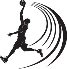 Silhouette of a basketball player dunking with dynamic motion lines Keywords: basketball, player, silhouette, dunk, slam dunk, jumping, action, sport, athletic, male, dynamic, motion, lines