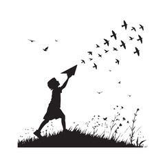 Silhouette of a child releasing a paper airplane into a flock of birds in a grassy field girl 1