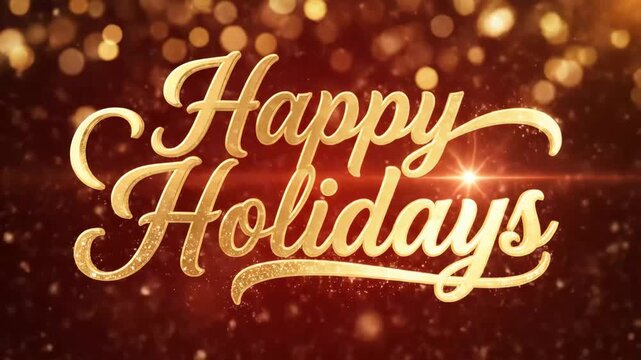 Gold "Happy Holidays" Text on Festive Background - A gold "Happy Holidays" greeting is written in elegant script font against a sparkling, blurred red and gold background.