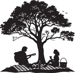 Silhouette of a couple having a picnic under a large tree with a guitar and picnic basket Keywords: silhouette, couple, picnic, tree, guitar, picnic basket, bottle, blanket, grass, nature, outdoor