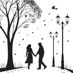 Silhouette of a couple holding hands walking past street lamps with falling leaves love romance