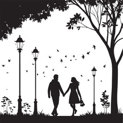 Silhouette of a couple holding hands walking under street lamps with birds flying love romance
