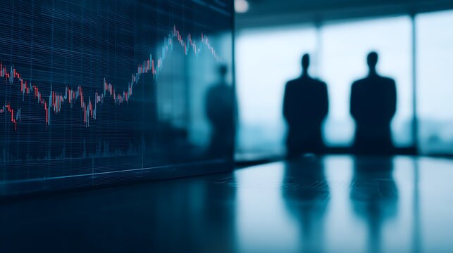 A digital stock market graph overlays a blurred silhouette of two figures, suggesting a business or finance environment.