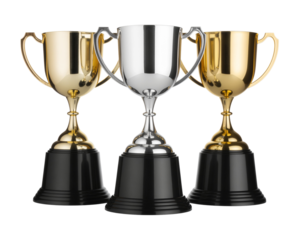 Gold, silver and bronze trophy cups on a transparent background PNG
