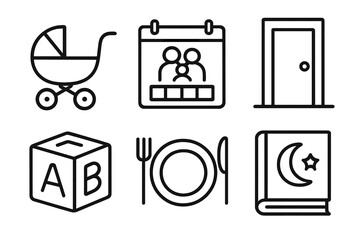 Family Essentials Icons. Family Life Set linear icon set: stroller, family calendar, home door, toy block, dinner plate, bedtime book