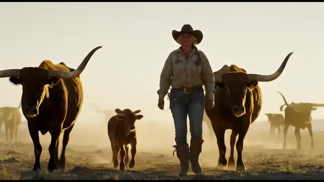 Ranch Hands Guiding Cattle Across the Prairie.