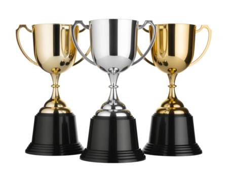 Gold, silver and bronze trophy cups on a transparent background PNG