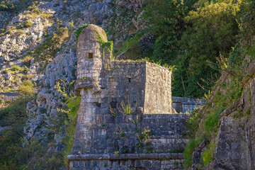 Ancient fortifications, details. Montenegro, Old Town of Kotor. Riva bastion, northern walls of...