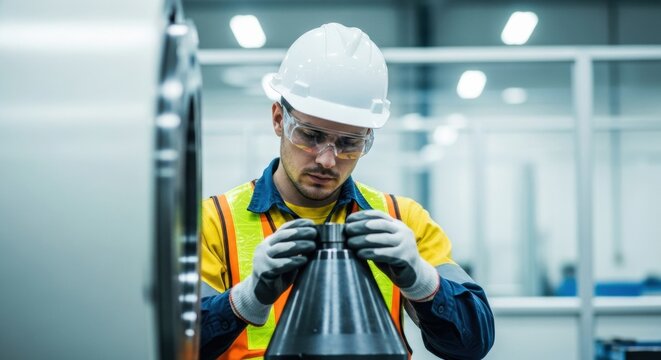 A focused industrial engineer in a hard hat and safety vest carefully inspects a precision metal component while working with machinery in a modern manufacturing facility