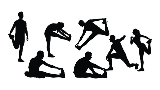 Stretching and warm-up exercises silhouettes isolated on white background, Vector