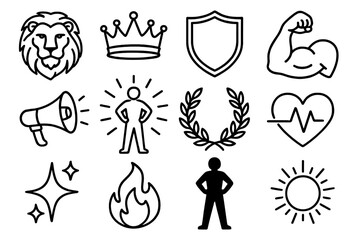 Symbols of Empowerment. Confidence and empowerment linear icon set. lion head, crown, shield, flexed arm, megaphone, glowing aura, victory wreath, heart pulse, sparkle, fire flame