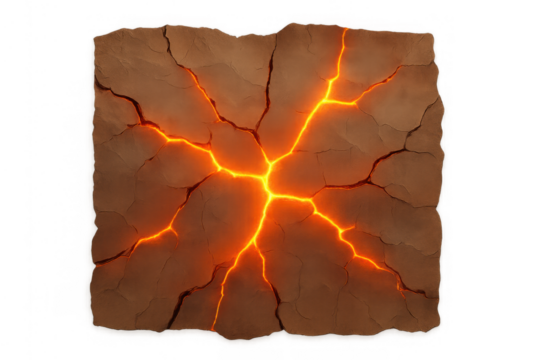 Cracked earth with glowing lava fissures, showing hot magma breaking through dry ground, disaster and geothermal energy