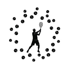 Tennis Player and Balls Silhouette Vector Illustration Sport Athlete Action Competition Game Exercise Training Match Championship Recreational Activity