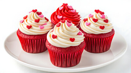 Delicious red velvet cupcakes with cream cheese frosting and heart sprinkles on a white plate