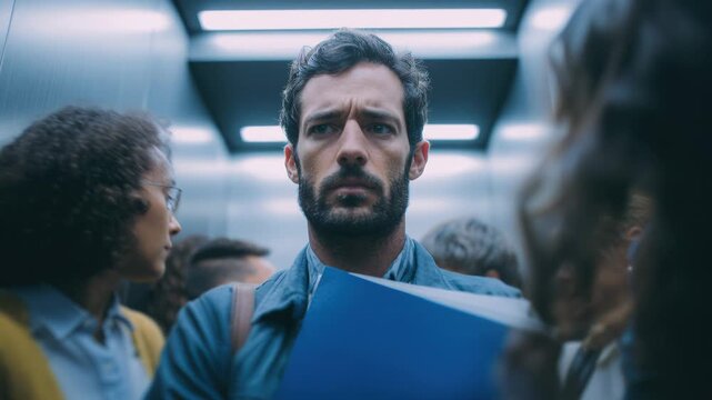 Caucasian man holding folder in elevator surrounded by diverse commuters and colleagues, tense expressions, fluorescent light reflecting on metal walls, formal