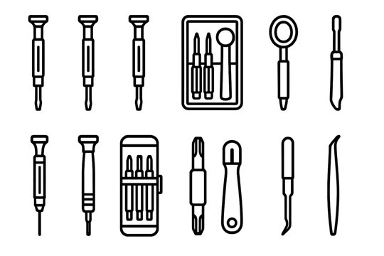 Precision Tool Icons. Precision Screwdrivers linear icon set: mini flathead, mini Phillips, Torx mini, eyeglass screwdriver, watch repair driver, bit set, magnifier, tweezers