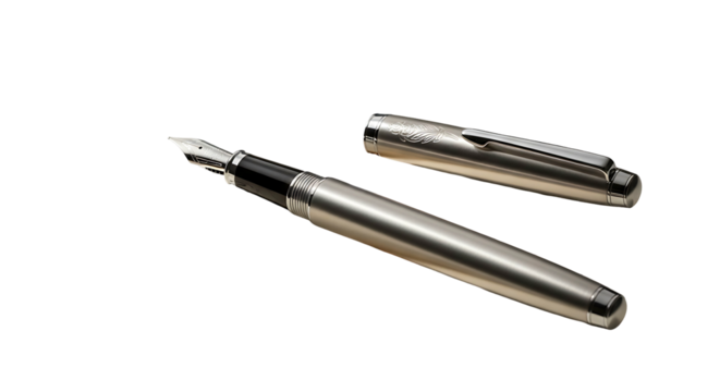 Elegant Silver Fountain Pen with Cap Isolated on White Background.