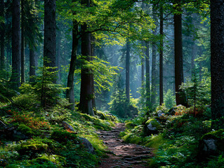 Obraz premium forest scene with a winding path lined with lush green foliage and moss-covered rocks. Sunlight filters through the dense canopy of tall trees, casting dappled shadows on the forest floor.
