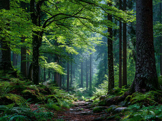 forest scene with a winding path lined with lush green foliage and moss-covered rocks. Sunlight filters through the dense canopy of tall trees, casting dappled shadows on the forest floor.