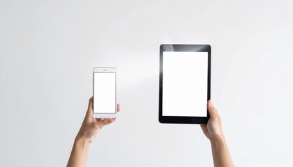 Two hands presenting a mobile device and a digital pad with clean, white displays, ideal for showcasing website responsiveness, app interfaces, or digital marketing content