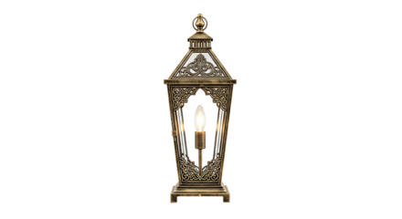 Elegant vintage style brass lantern with intricate details on a white background.