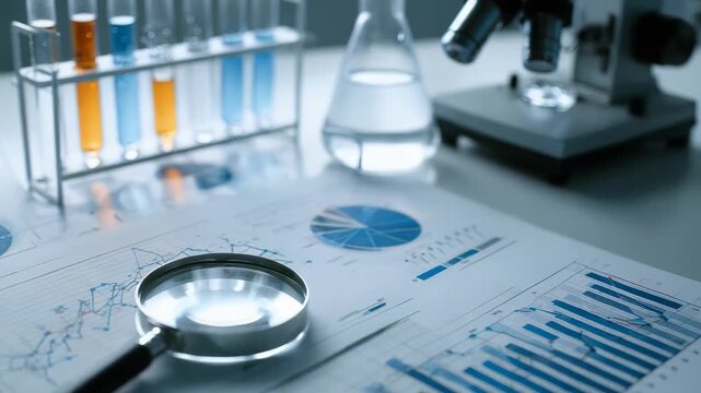 Close up of magnifying glass focusing on financial graphs, with laboratory equipment and microscope illustrating innovation. Represents data analytics, laboratory research, and scientific discovery - Powered by Adobe