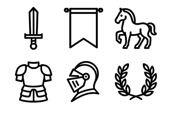 Heroic Icon Series. Heroic Sagas linear icon set: sword, banner, horse, armor, helmet, laurel wreath